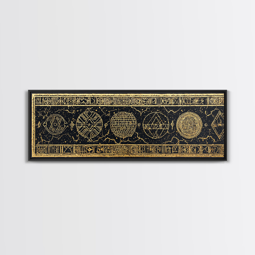 Gold Sacred Geometry Symbols On Black Canvas Print, African Patterns, Tribal Wall Art, Mystical Meditation Home Decor Gift