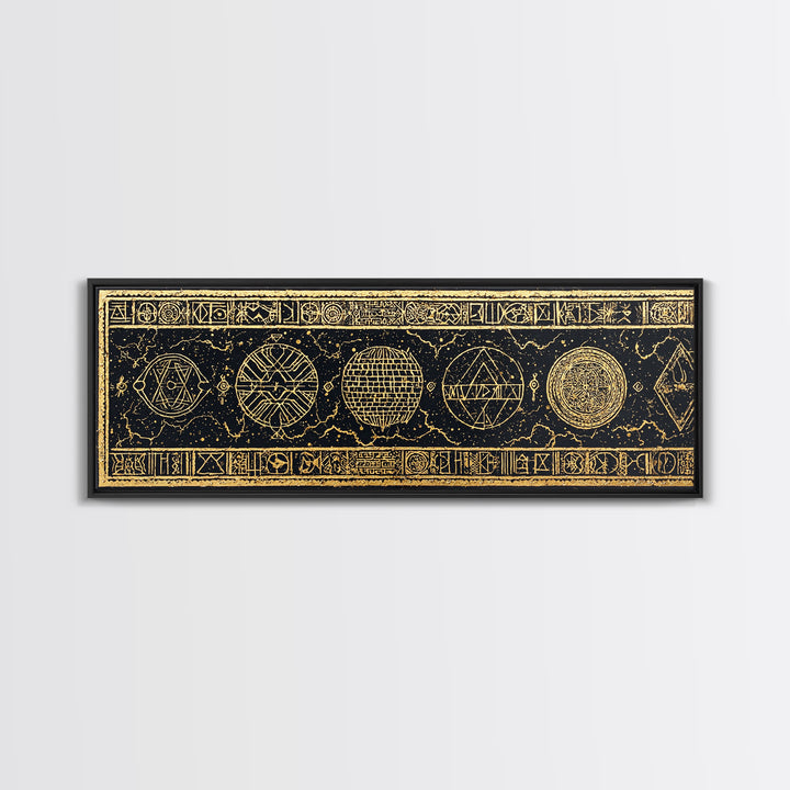 Gold Sacred Geometry Symbols On Black Canvas Print, African Patterns, Tribal Wall Art, Mystical Meditation Home Decor Gift