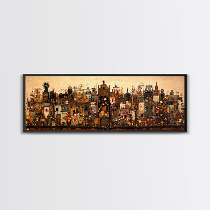 Intricate Fantasy City Shrine With Towers Canvas Print, African Inspired Wall Art, Maximalist Cultural Home Decor Unique Gift