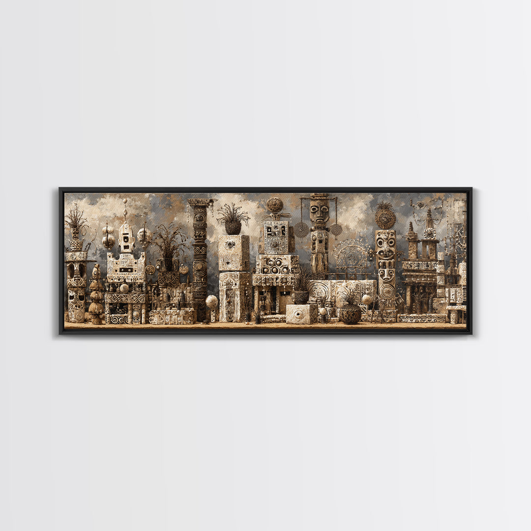 Monochrome African Totem Sculptures And Carved Masks Framed Canvas Print, Tribal Wall Decor, African Artwork, Cultural Art