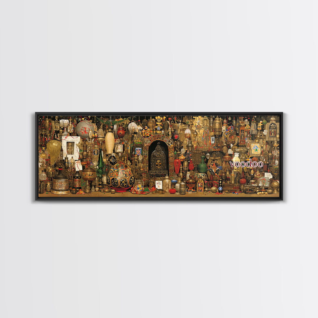 Voodoo Altar Shelf With Masks Bottles And Sacred Objects Canvas Print, Afrocentric Wall Art, African Decor, Spiritual Wall Decor