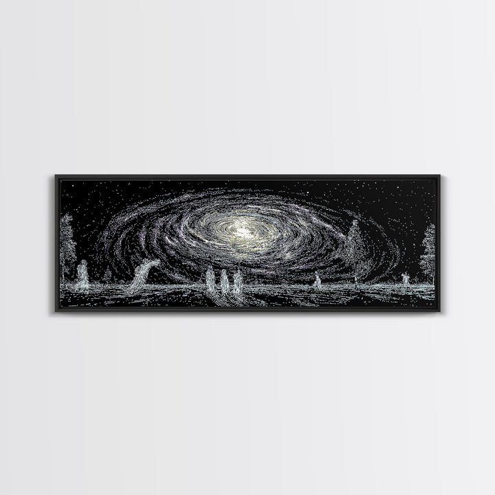 Cosmic Spiral Galaxy Over Water And Tiny Figures Canvas Print, Mystical Wall Art, Black And White Art, Contemporary Wall Art