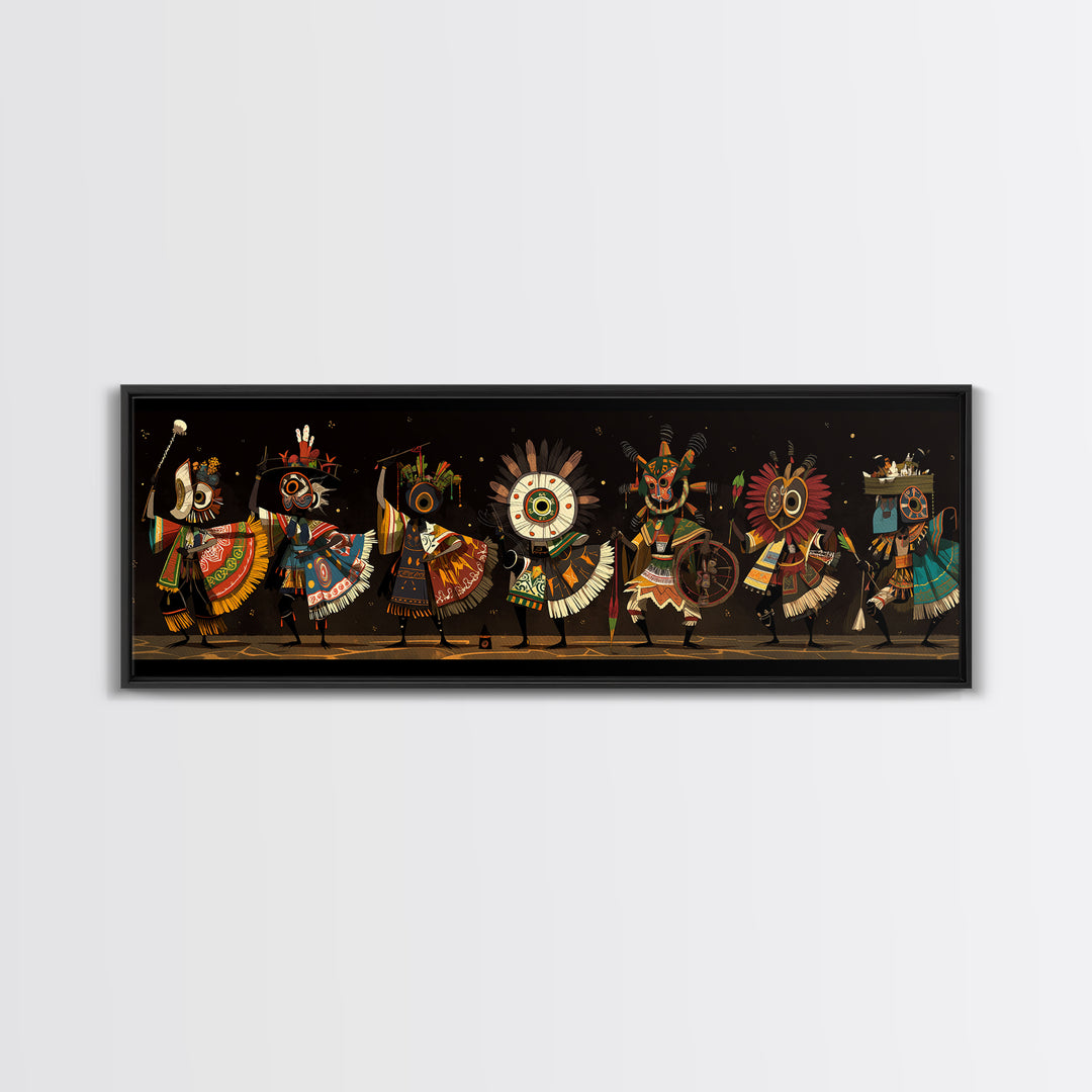 Masked African Dancers In Colorful Tribal Costumes Wall Art, Afrocentric Canvas Print, Cultural Statement Living Room Decor