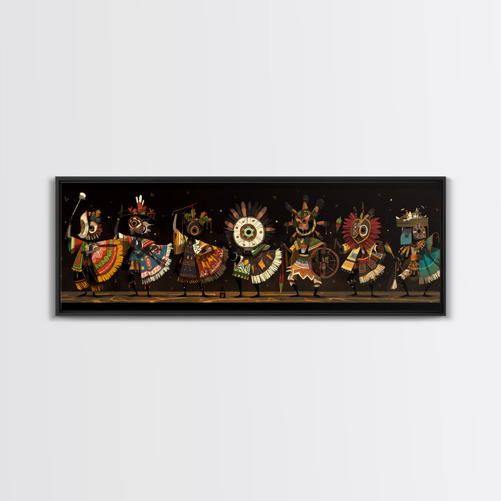 Masked African Dancers In Colorful Tribal Costumes Wall Art, Afrocentric Canvas Print, Cultural Statement Living Room Decor