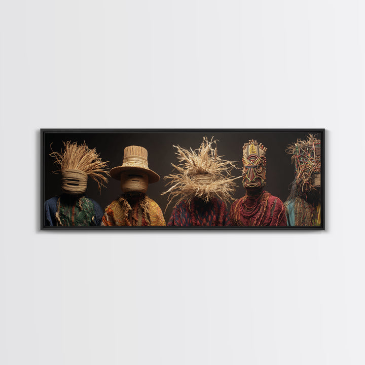 Straw Masked African Figures In Woven Textiles Framed Canvas Print, Tribal Portrait Wall Art, Afrocentric Home Decor Gift