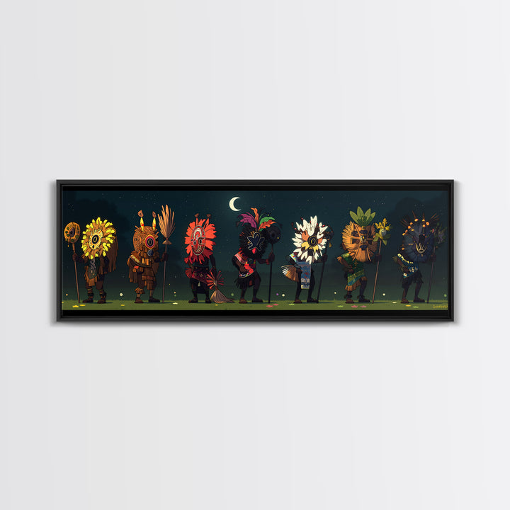 Moonlit African Mask Procession With Flower Headdresses Wall Art, Tribal Canvas Print, Boho Afrocentric Room Decor Statement Gift