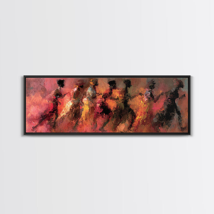 Abstract African Women Dancing Through Warm Red Light Wall Art, Modern Canvas Print, Elegant Afrocentric Home Decor Gift