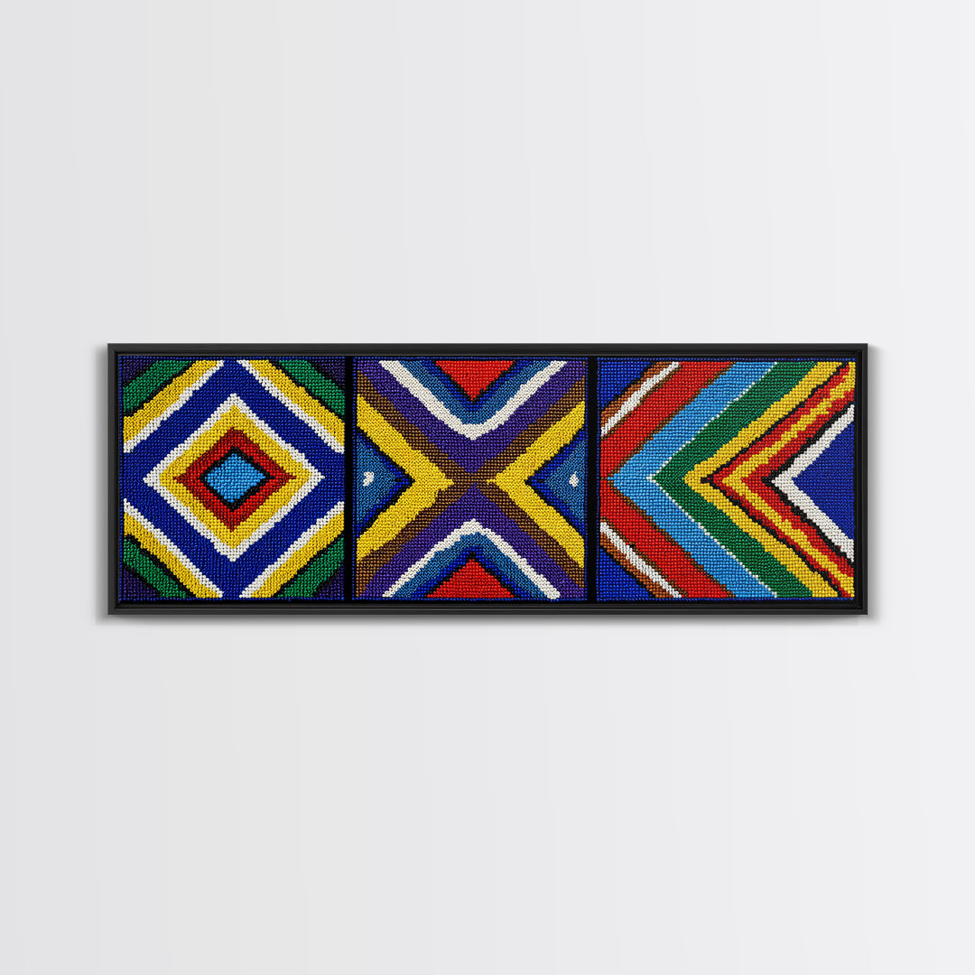 Three Panel Beaded Diamond Canvas Print, African Tribal Chevron Pattern, Geometric Wall Art, Colorful Boho Wall Decor, Set Of 3 Art