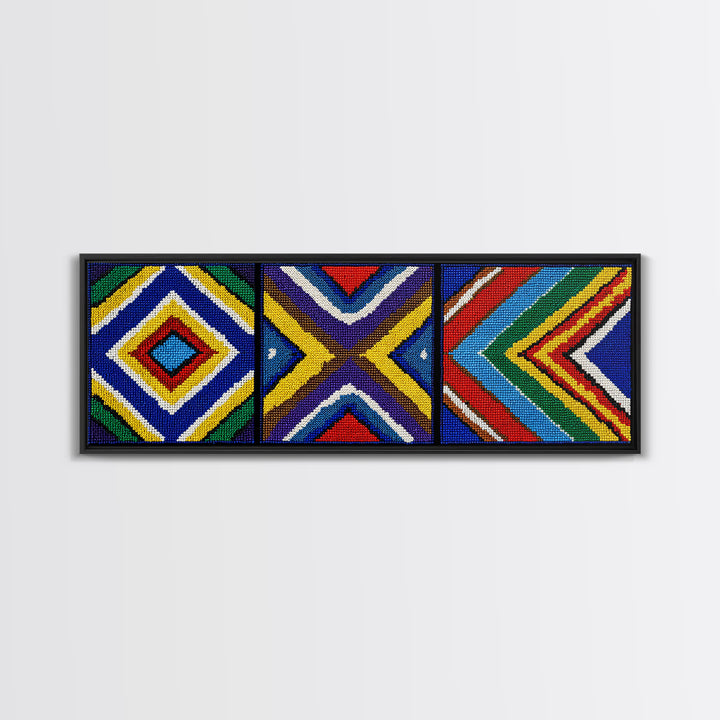 Three Panel Beaded Diamond Canvas Print, African Tribal Chevron Pattern, Geometric Wall Art, Colorful Boho Wall Decor, Set Of 3 Art