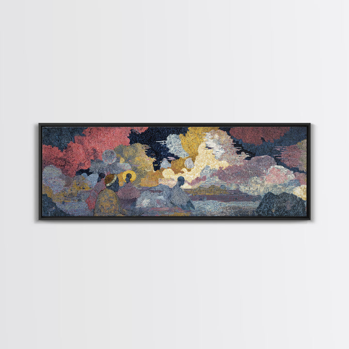 Sunset Harbor Figures In Textured Clouds Wall Art, African Inspired Landscape, Colorful Modern Canvas Print For Living Room