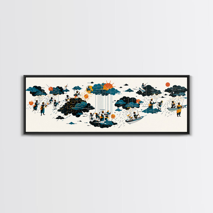 Whimsical Rain Cloud Journey Wall Art, Tiny Boats And Figures Illustration, Modern Blue Orange Canvas Print, Playful Decor