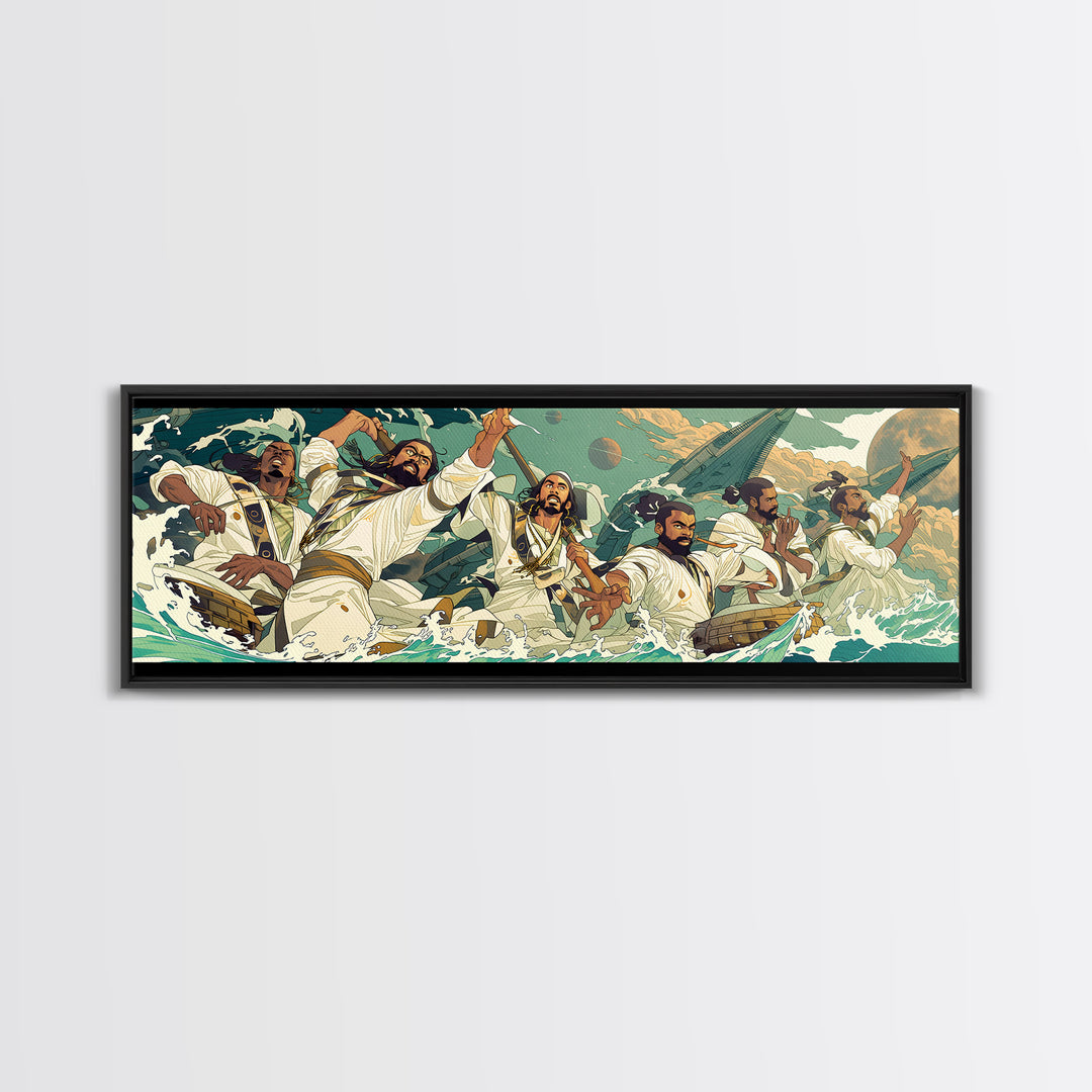 Heroic African Warriors At Sea Wall Art, Dynamic Cultural Canvas Print, Afrocentric Ocean Adventure Decor, Bold Statement Art