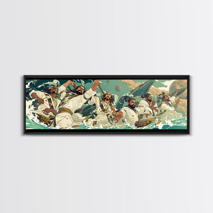 Heroic African Warriors At Sea Wall Art, Dynamic Cultural Canvas Print, Afrocentric Ocean Adventure Decor, Bold Statement Art