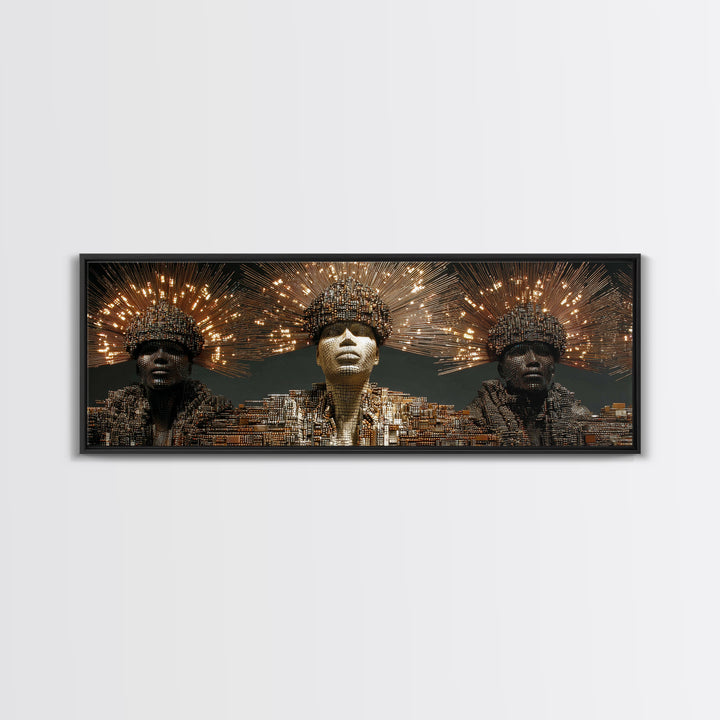 Radiant African Futurist Trio Framed Canvas Print, Black Culture Art, Afrocentric Wall Art, Gold Jewelry Canvas Decor Gift