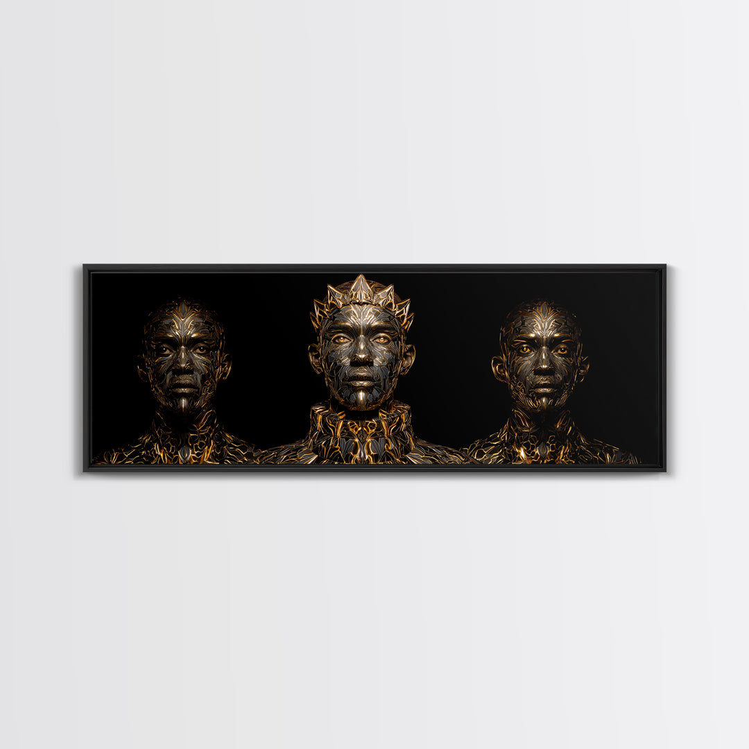 Three Crowned Black Kings In Gold Wall Art, African Warrior Art, Afrocentric Canvas Decor, Black Culture Art, Royal Portrait