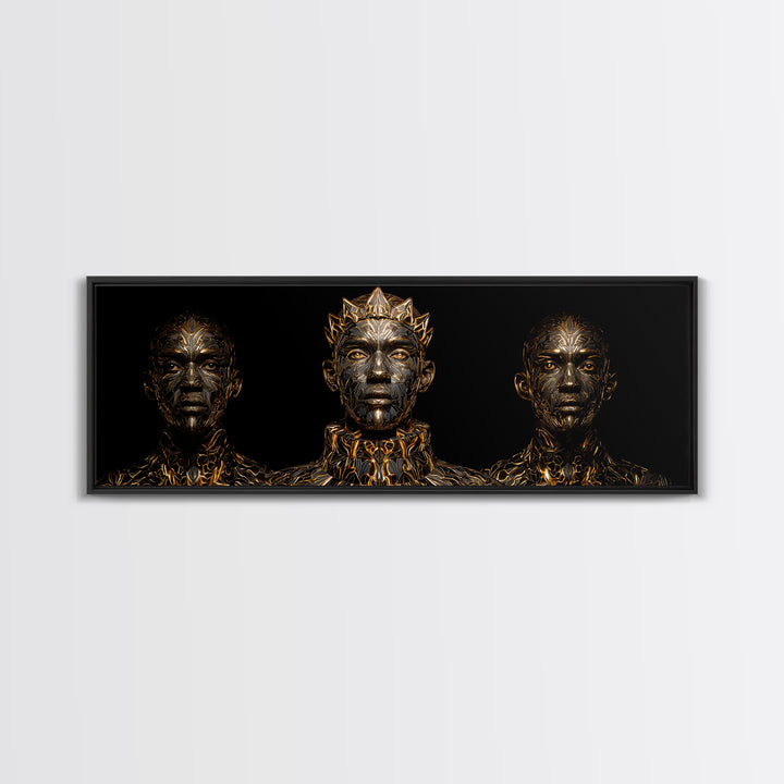Three Crowned Black Kings In Gold Wall Art, African Warrior Art, Afrocentric Canvas Decor, Black Culture Art, Royal Portrait
