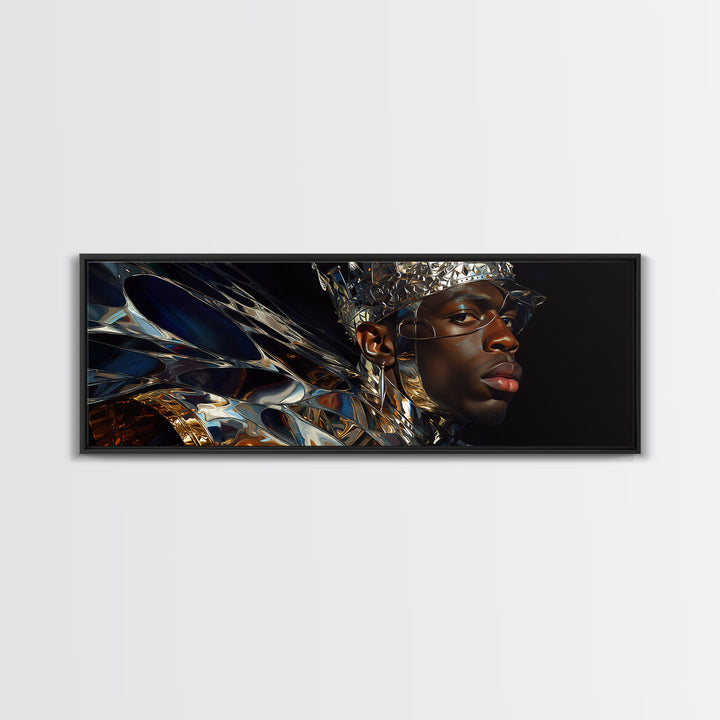 Chrome Crown Black Prince Portrait Canvas Print, Afrofuturism Decor, Black Man Wall Art, Luxury Canvas Art, Royal Statement Decor