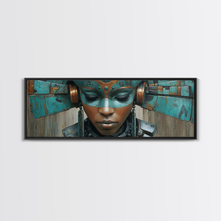 Futuristic Turquoise African Queen Mask Canvas Print, Afrofuturism Decor, Black Goddess Portrait, Modern Afro Wall Decor
