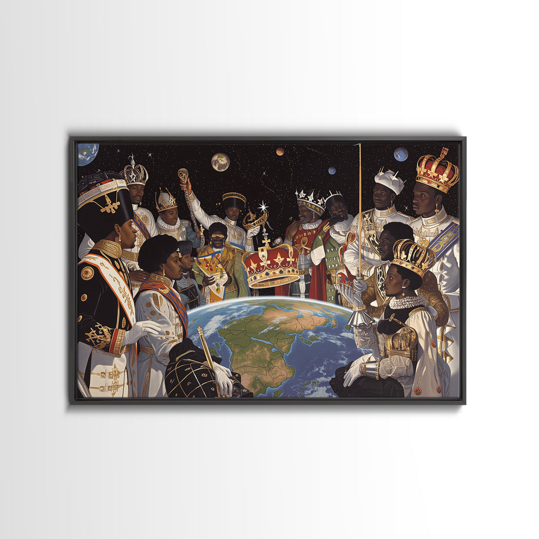 Cosmic African Royal Council Over Earth Wall Art, Afrocentric Black History Decor, African American Art, Regal Canvas Print