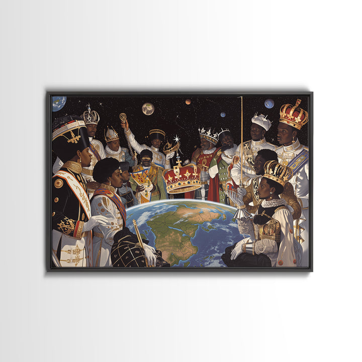 Cosmic African Royal Council Over Earth Wall Art, Afrocentric Black History Decor, African American Art, Regal Canvas Print