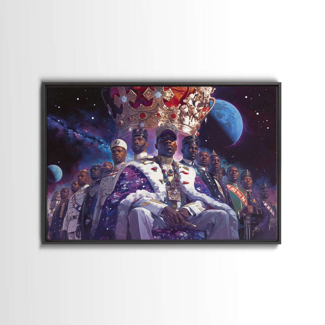 Galactic Black King And Royal Guard Framed Canvas Print, African American Art, Afrocentric Wall Decor, Black Man Portrait