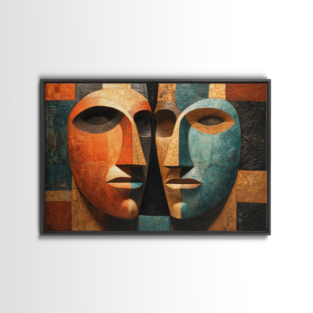 Cubist African Mask Faces Canvas Print, Abstract African Art, Tribal Wall Decor, Geometric Portrait, Bold Home Decor Gift
