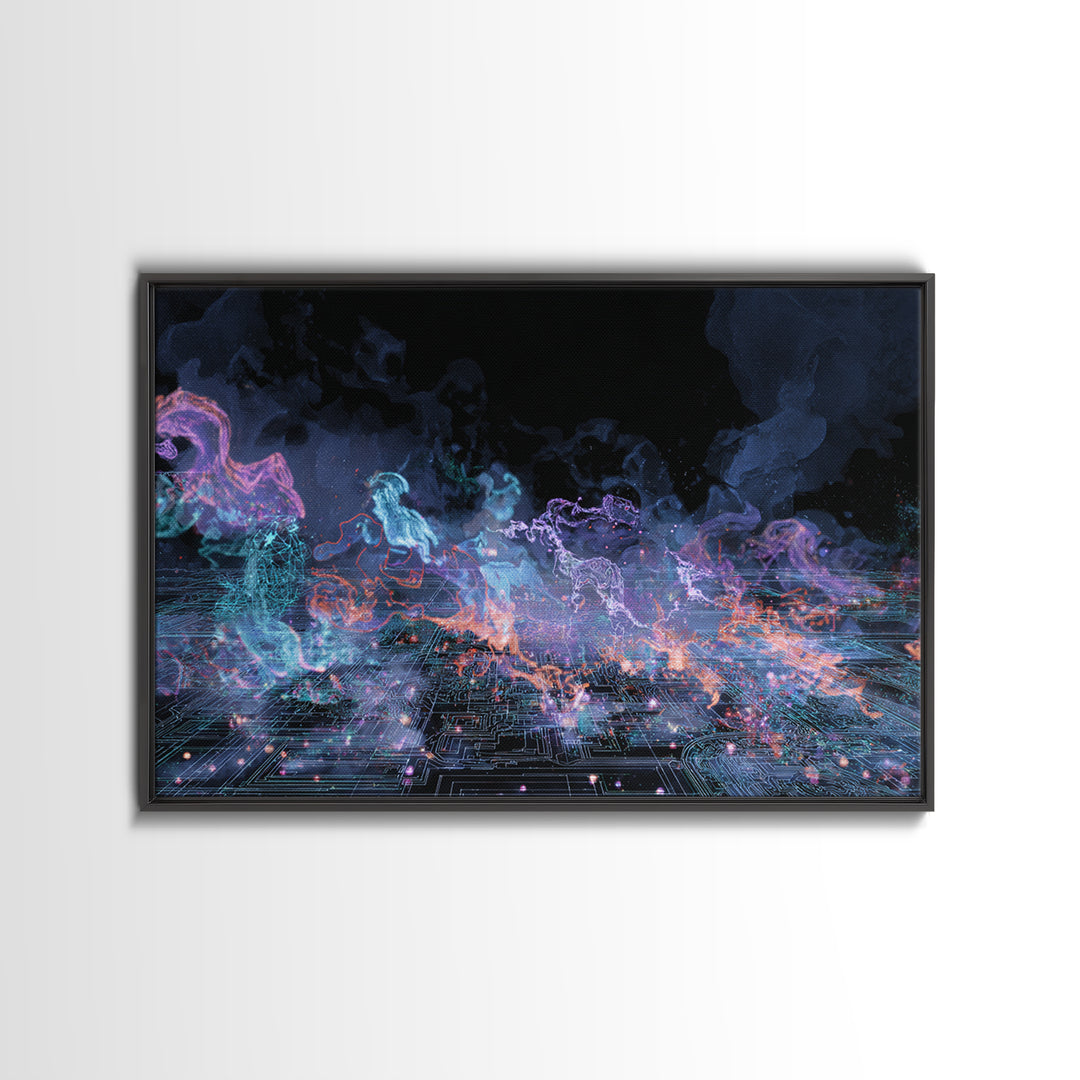 Neon Spirit Horses Over Cyber Grid Wall Art, Digital Art, Mystical Wall Decor, Abstract Black Canvas Print, Modern Decor