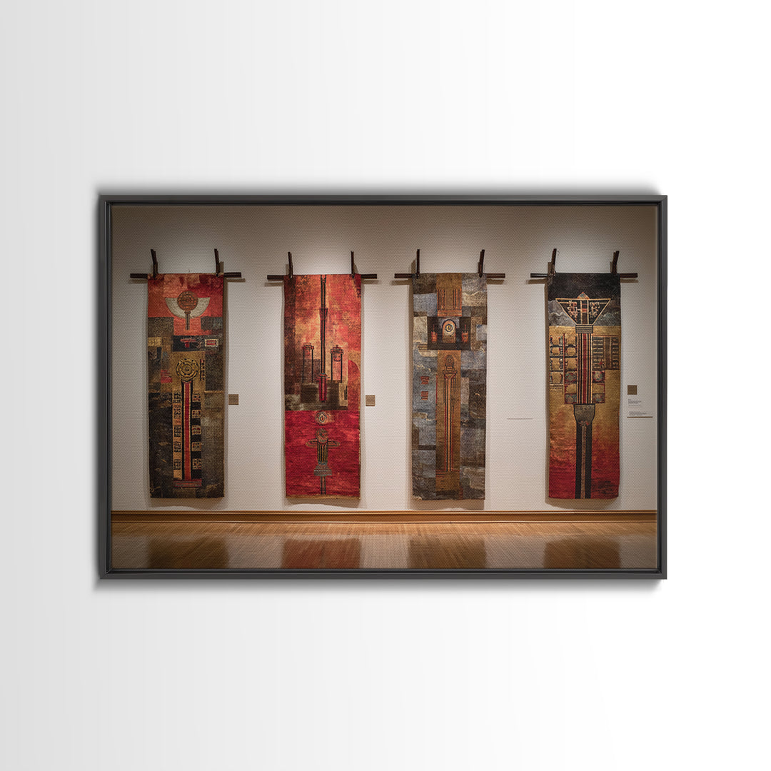 Earth Tone Textile Banners In Gallery, African Wall Art, Cultural Home Decor, Textile Art, Modern Framed Canvas Print, Museum Decor