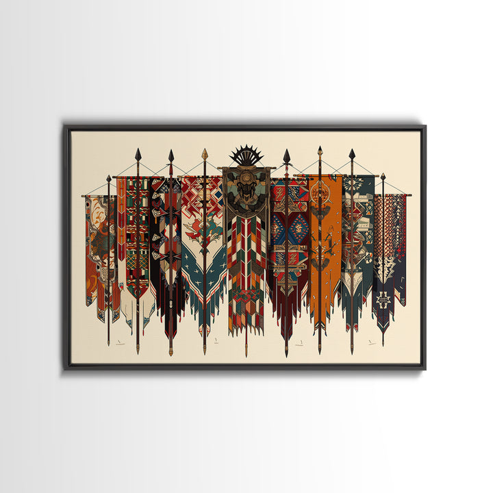 Patterned Tribal War Banners With Spears, African Wall Art, Ankara Decor, Cultural Art Print, Bold Framed Canvas Print, Ethnic Wall Decor