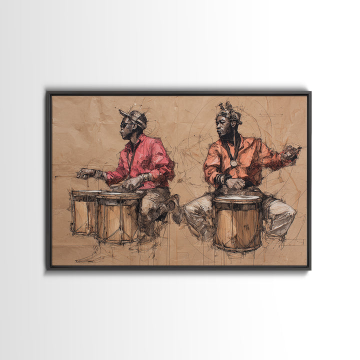Two African Drummers Sketch Framed Canvas Print, Tribal Art Print, African Culture Art, Music Room Decor, Afrocentric Artwork