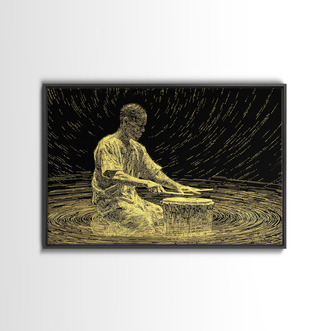 Golden African Drummer Line Art Wall Art, Black And Gold Art, Spiritual Music Decor, Afrocentric Wall Art, Unique Canvas