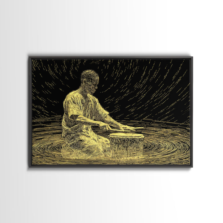 Golden African Drummer Line Art Wall Art, Black And Gold Art, Spiritual Music Decor, Afrocentric Wall Art, Unique Canvas