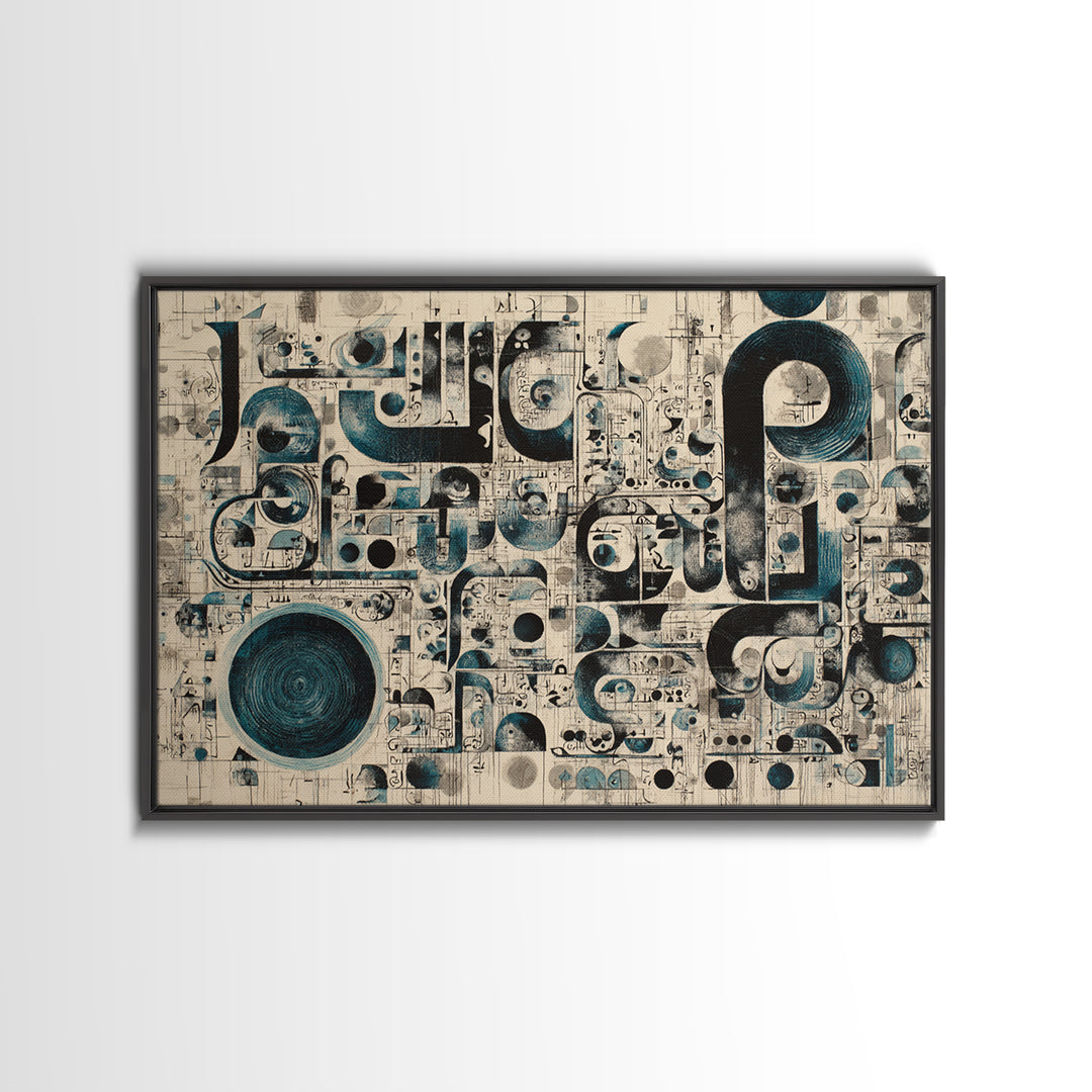 Modern Teal Black Geometric Symbols Canvas Print, Abstract Pattern Wall Decor, Contemporary Art, Office Home Accent, Statement Piece