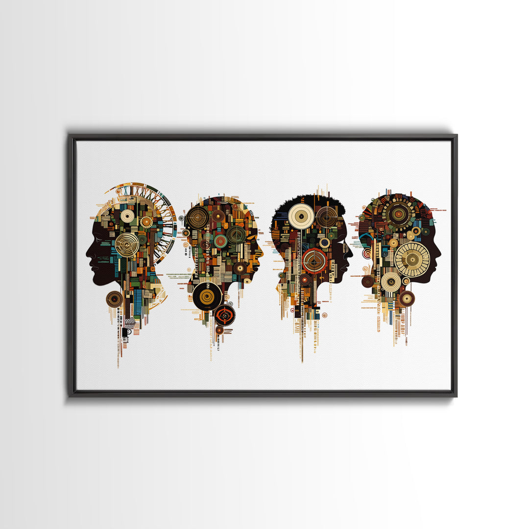 Four Afrofuturist Profile Heads Wall Art, Geometric Portrait Canvas, Black Culture Decor, Modern Abstract Office Gift For Home