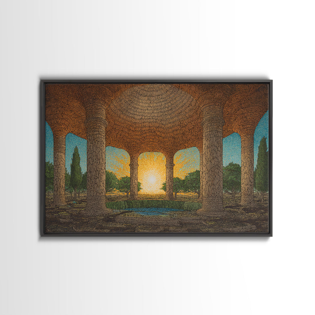 Ancient Stone Colonnade Garden Wall Art, Sunset Rotunda Landscape Canvas Print, Earth Tone Cultural Home Decor Gift For Living Room