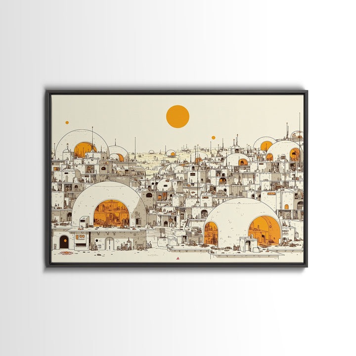 White Desert Dome City With Orange Sun Wall Art, African Landscape Print, Modern North African Decor, Boho Living Room Art