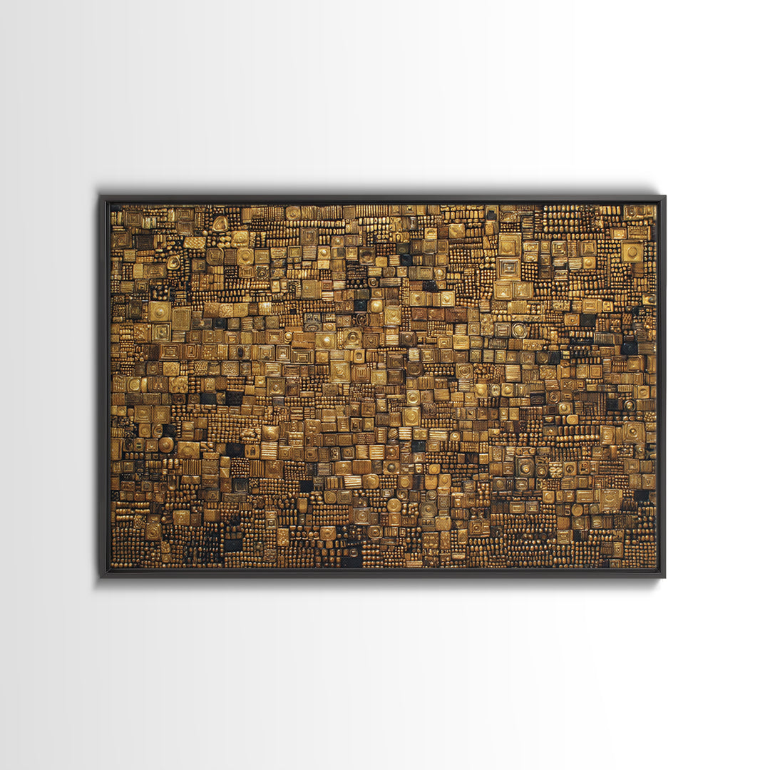 Gold And Black Geometric Mosaic Textile Wall Art, African Abstract Art, Kuba Cloth Decor, Luxury Modern Living Room Wall Decor