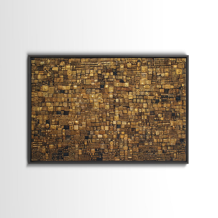 Gold And Black Geometric Mosaic Textile Wall Art, African Abstract Art, Kuba Cloth Decor, Luxury Modern Living Room Wall Decor