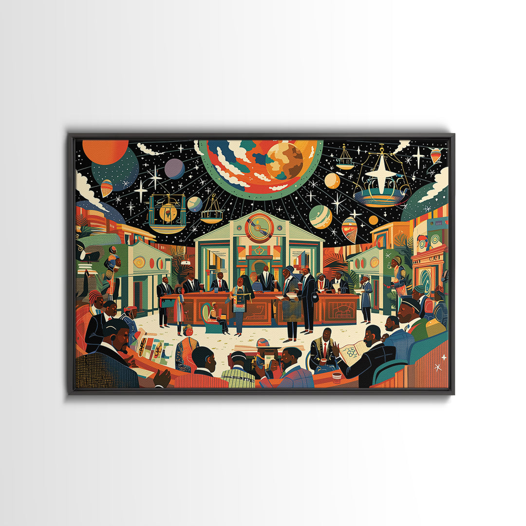 Afrofuturist Community Court Under Cosmic Sky Wall Art, Black Culture Art, African American Art, Juneteenth Home Decor Gift