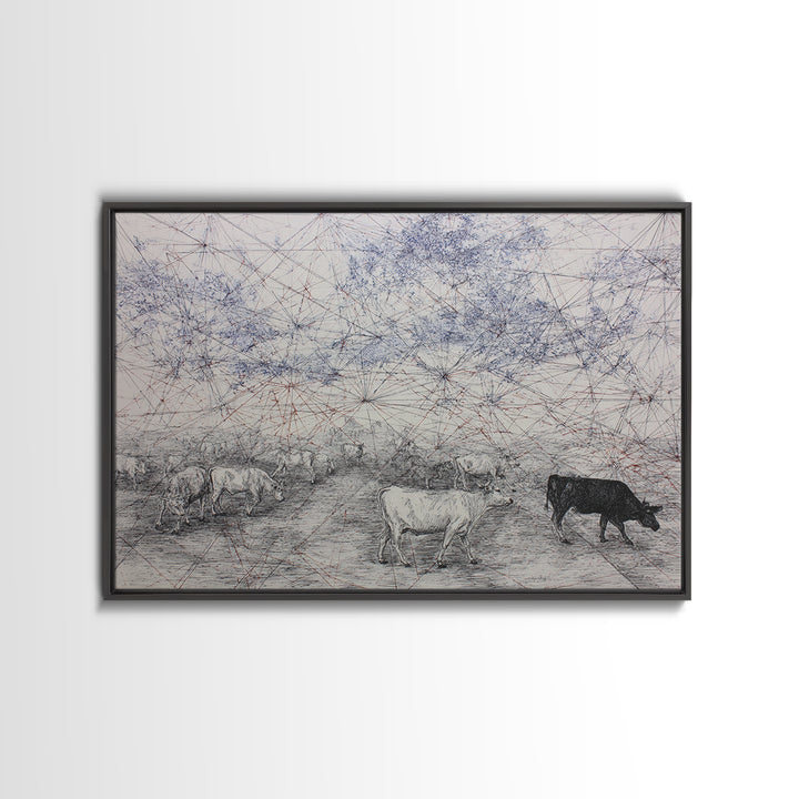Pastoral Cattle Under Abstract Network Sky Wall Art, African Landscape, Farm Animal Art, Minimalist Office Decor Gift For Him
