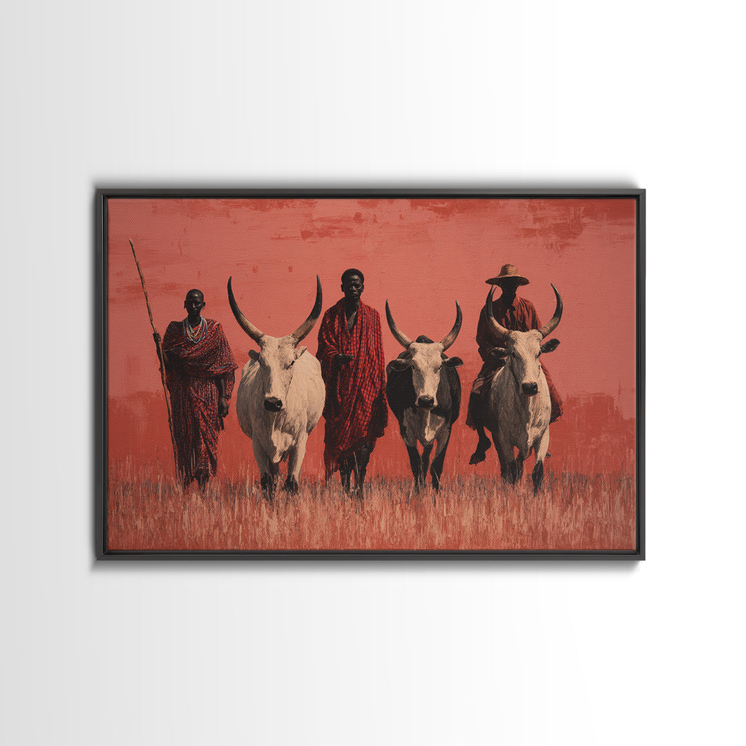 Maasai Warriors With White Cattle Framed Canvas Print, African Safari Art, Tribal Art Decor, Cultural Wall Art, Statement Decor