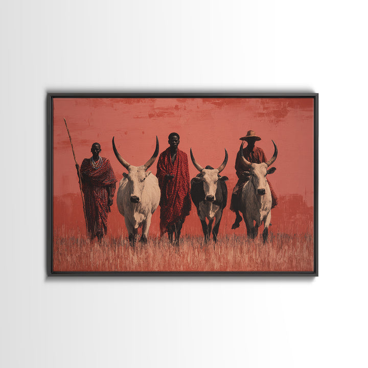 Maasai Warriors With White Cattle Framed Canvas Print, African Safari Art, Tribal Art Decor, Cultural Wall Art, Statement Decor