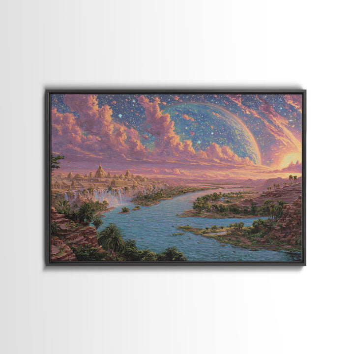 Ancient Nile River Temple Under Cosmic Sky Framed Canvas Print, African Egyptian Art, Fantasy Landscape, Luxury Canvas Art