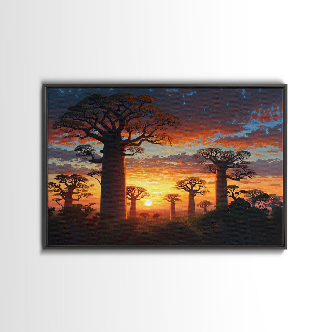 Majestic Baobab Forest At Sunset Framed Canvas Print, African Landscape, Serengeti Wall Art, Jungle Decor, Statement Wall Piece