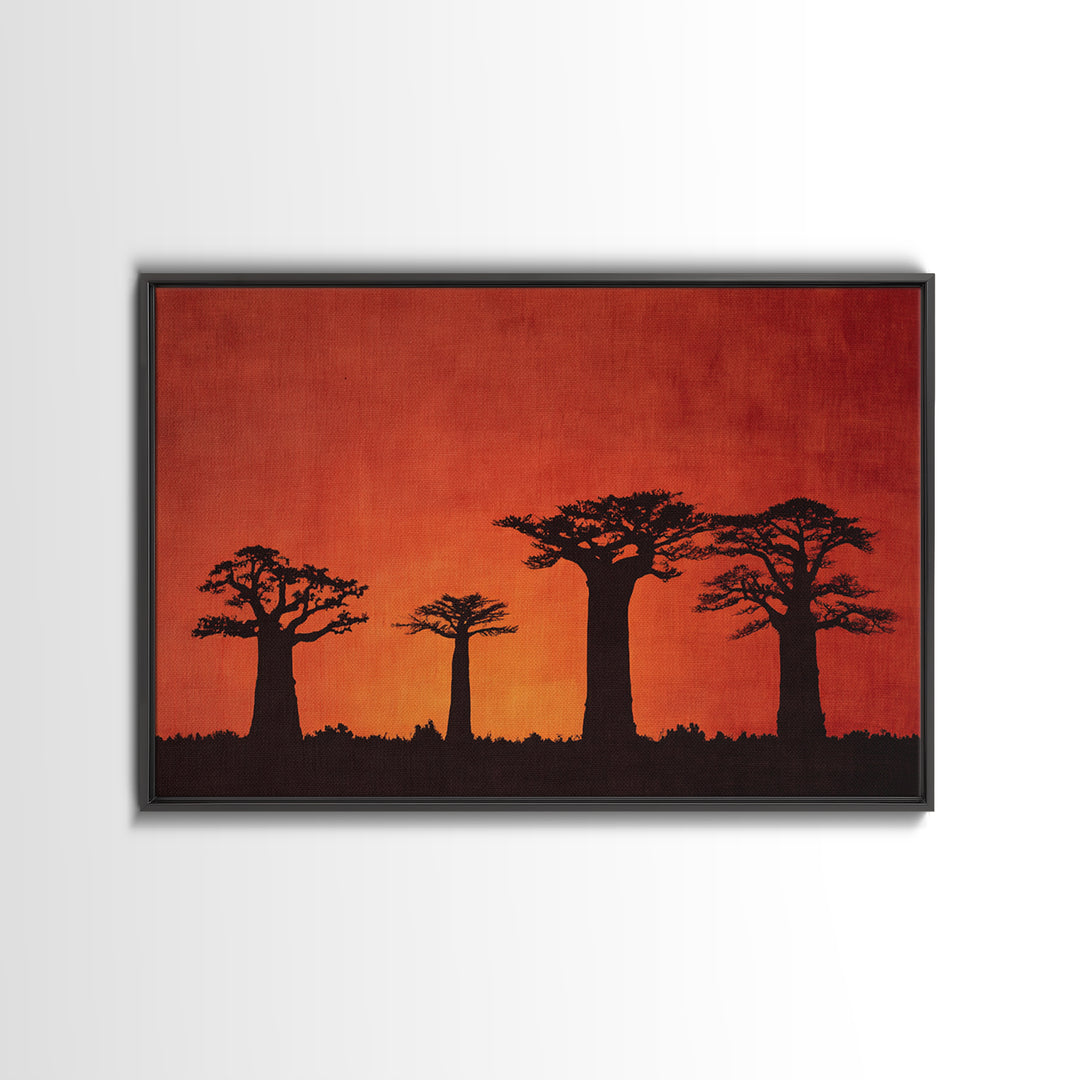 Red Orange Baobab Silhouette Horizon Canvas Print, African Tree, Burnt Orange Art, Boho Wall Decor, Rustic Decor, Home Decor