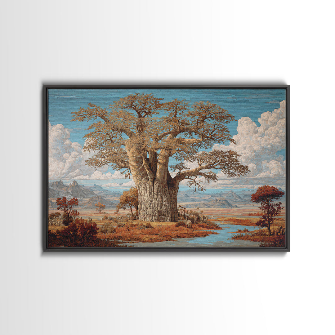 Monumental Baobab By River Plains Canvas Print, African Landscape, Safari Decor, Blue Wall Art, Elegant Home Decor Gift For Her