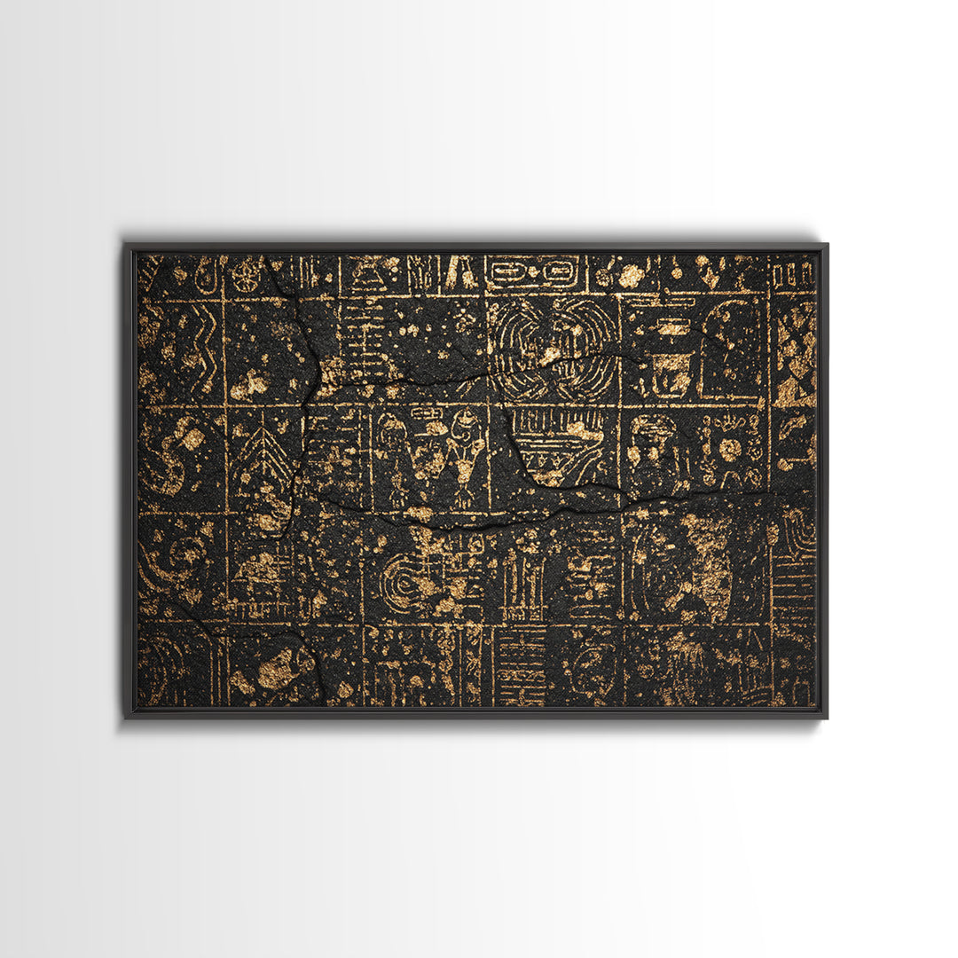 Ancient Egyptian Glyphs On Black Stone Canvas Print, African Egyptian Art, Black And Gold Art, Cultural Art Print, Wall Decor