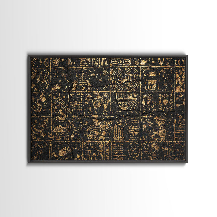 Ancient Egyptian Glyphs On Black Stone Canvas Print, African Egyptian Art, Black And Gold Art, Cultural Art Print, Wall Decor