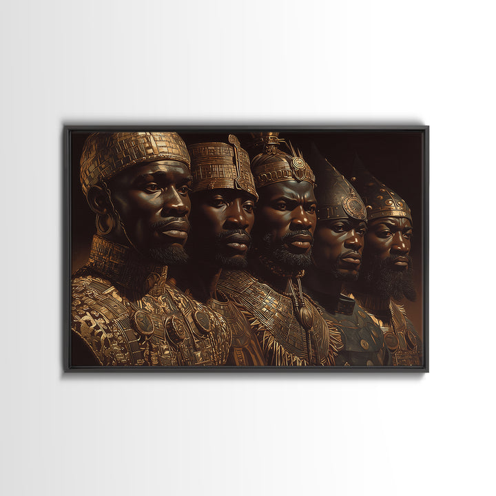 Golden African Kings Portrait Framed Canvas Print, African Warrior Art, Black History Art, Afrocentric Wall Decor Gift For Him
