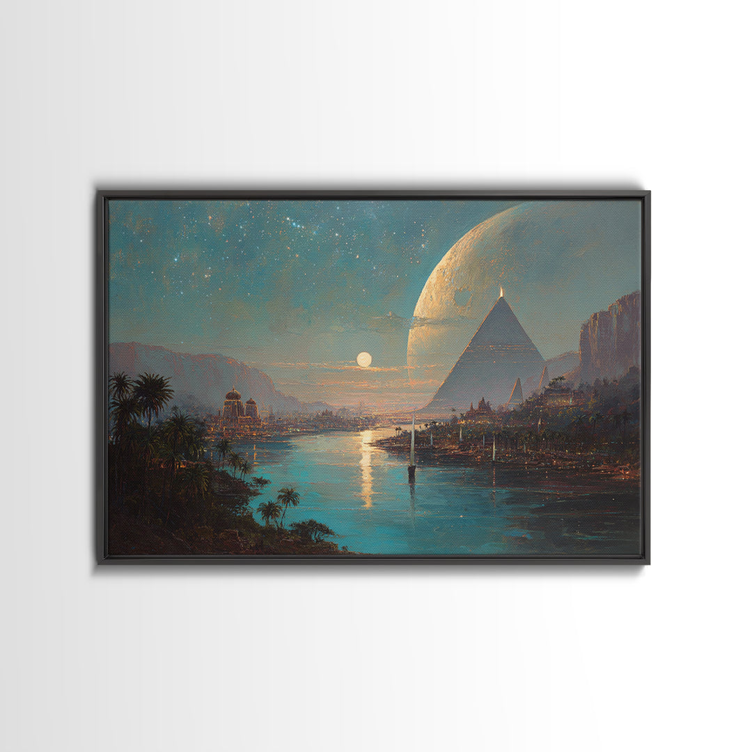 Dreamy Egyptian Pyramid River Wall Art, African Landscape, Ancient Egyptian Art Print, Fantasy Moonlit Home Decor Gift For Bedroom